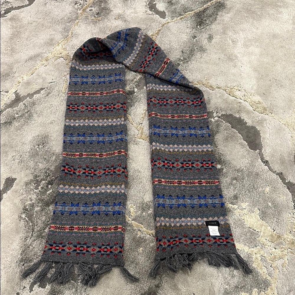 J. Crew Gray and Blue Fair Isle Scarf with Fringed Ends